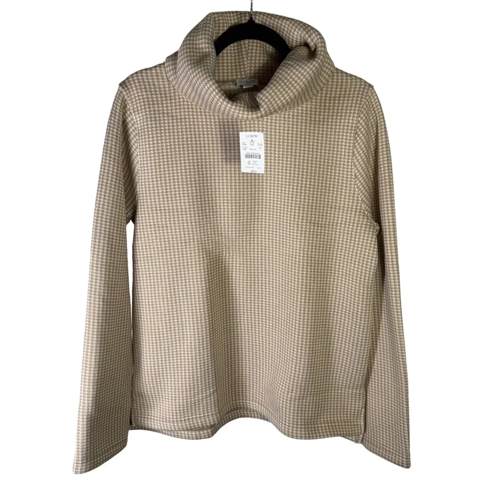 NWT J.Crew Womens Houndstooth Cowl Neck Fleece Lined Knit Top Tan White H1549 L - Picture 1 of 8